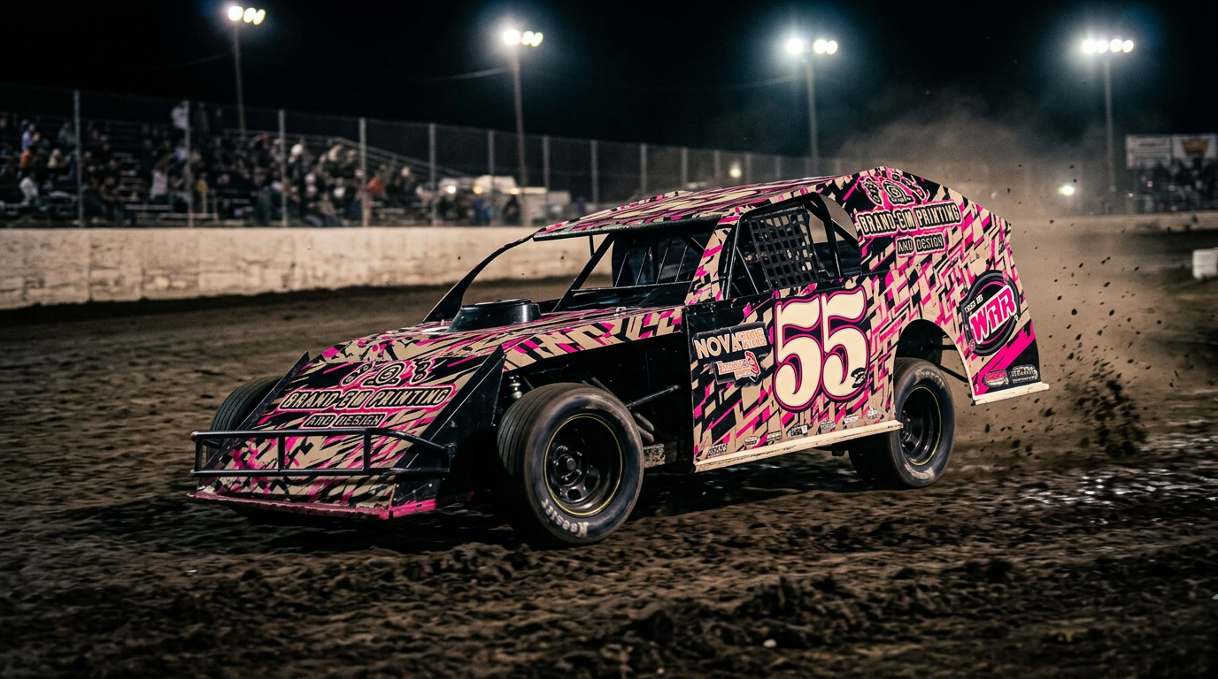 Brand-Em wrapped IMCA modified race car in pink, tan, and black 'This Is War' livery